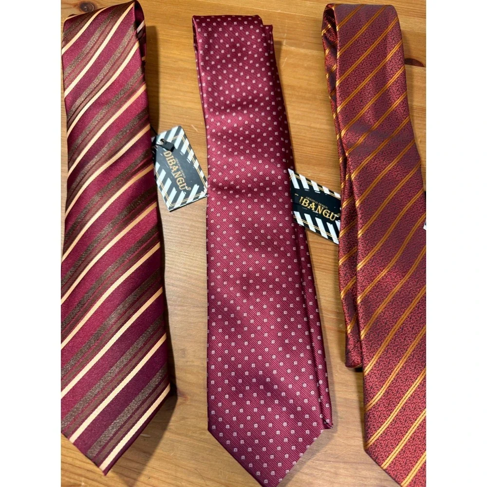 DIBANGU Mens Silk Tie Lot of 3 Burgundy Red Striped Geometric Classic NWT